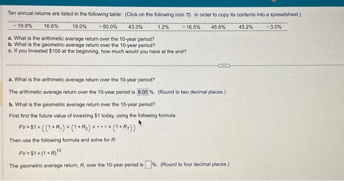  a. What is the arithmetic average return over the 10 -year