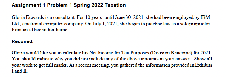  Assignment 1 Problem 1 Spring 2022 Taxation Gloria Edwards is a