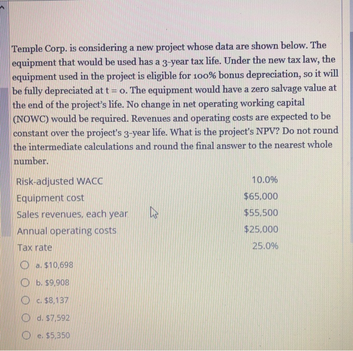  Temple Corp. is considering a new project whose data are shown