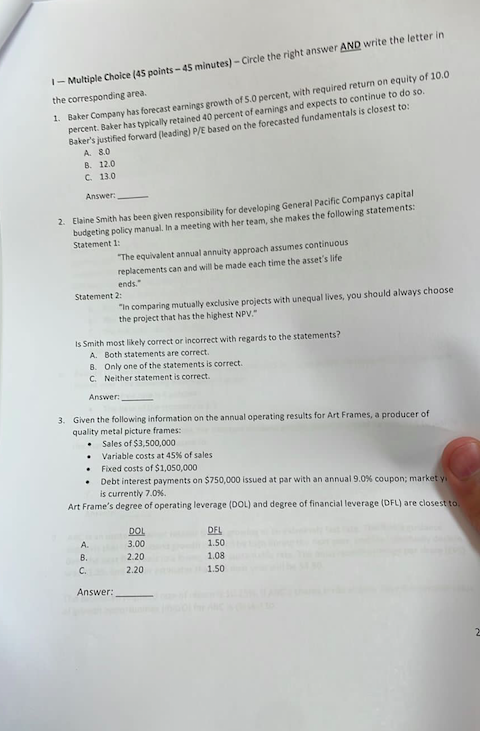 please help 1 - Multiple Choice (45 points - 45 minutes) -