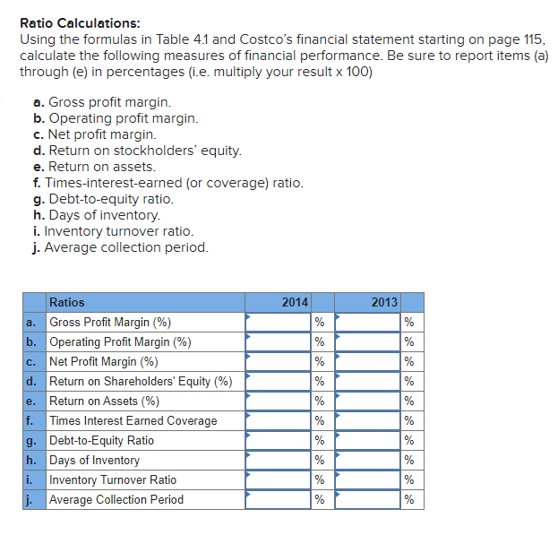  Ratio Calculations: Using the formulas in Table 4.1 and Costco's financial