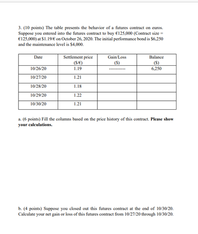 3. (10 points) The table presents the behavior of a futures