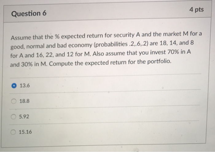  Question 6 4 pts Assume that the % expected return for