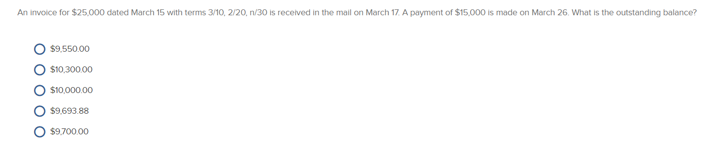  An invoice for $25,000 dated March 15 with terms 3/10, 2/20,