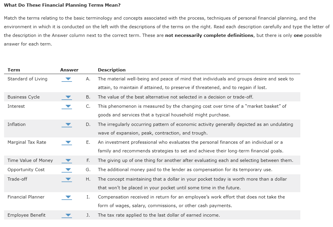  What Do These Financial Planning Terms Mean? Match the terms relating