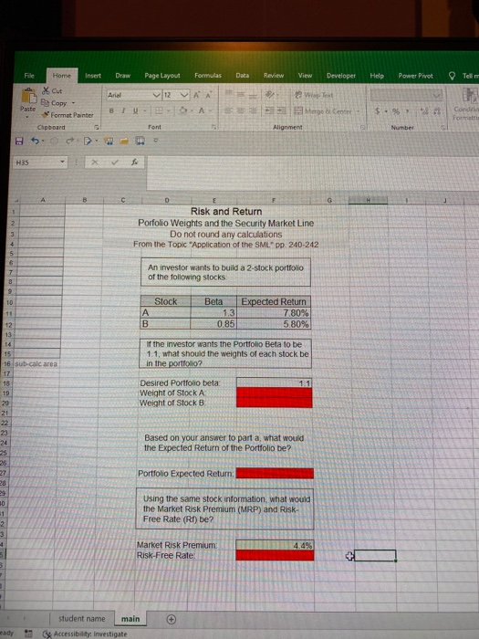 need formulas to input into excel and answers for boxes in red