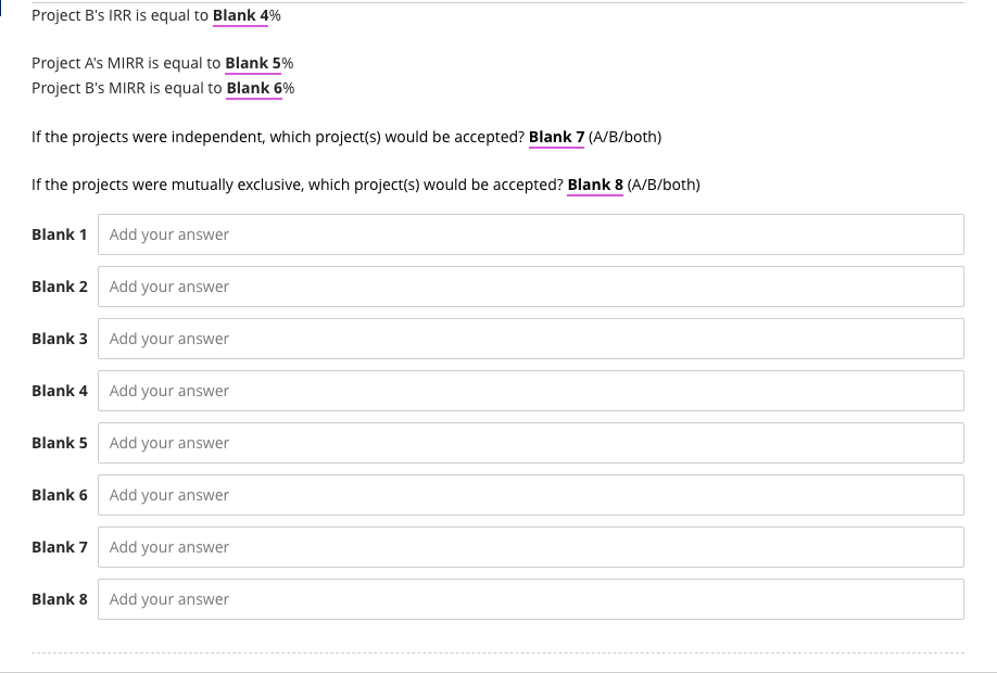 projects' after-tax cash flows are shown on the timeline below. Depreciation, salvage
