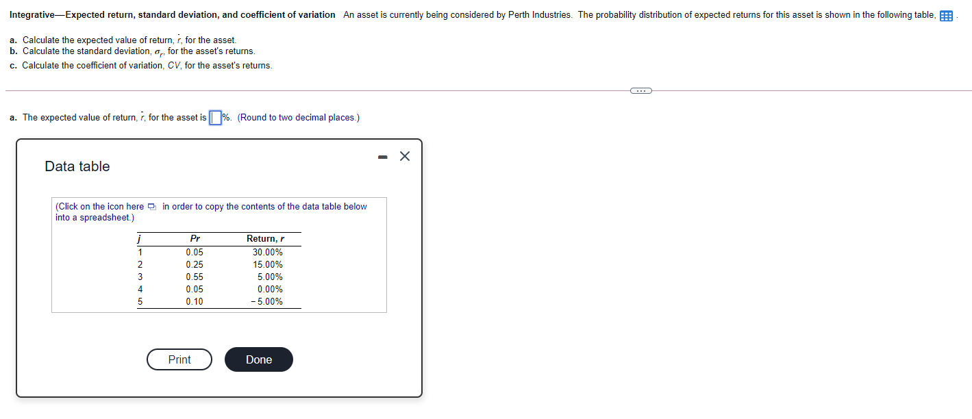 Please answer (a., b., & c.) Integrative-Expected return, standard deviation, and coefficient