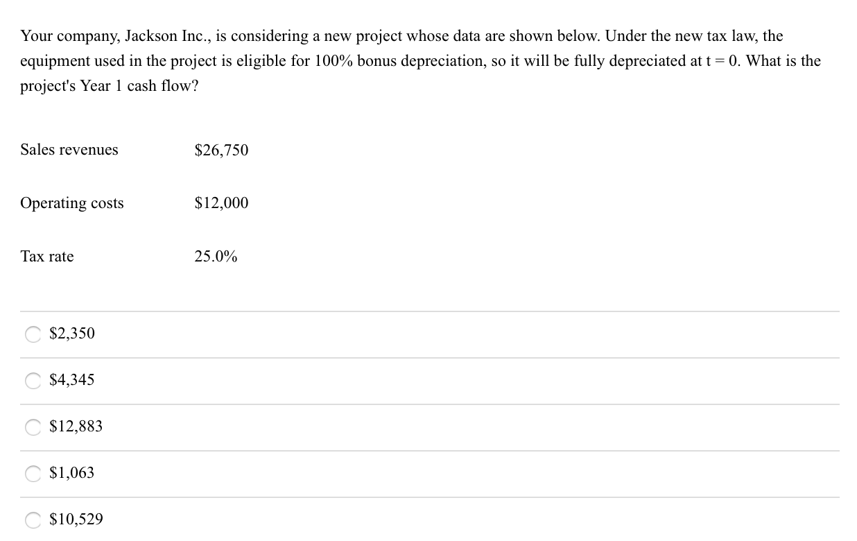 Your company, Jackson Inc., is considering a new project whose data