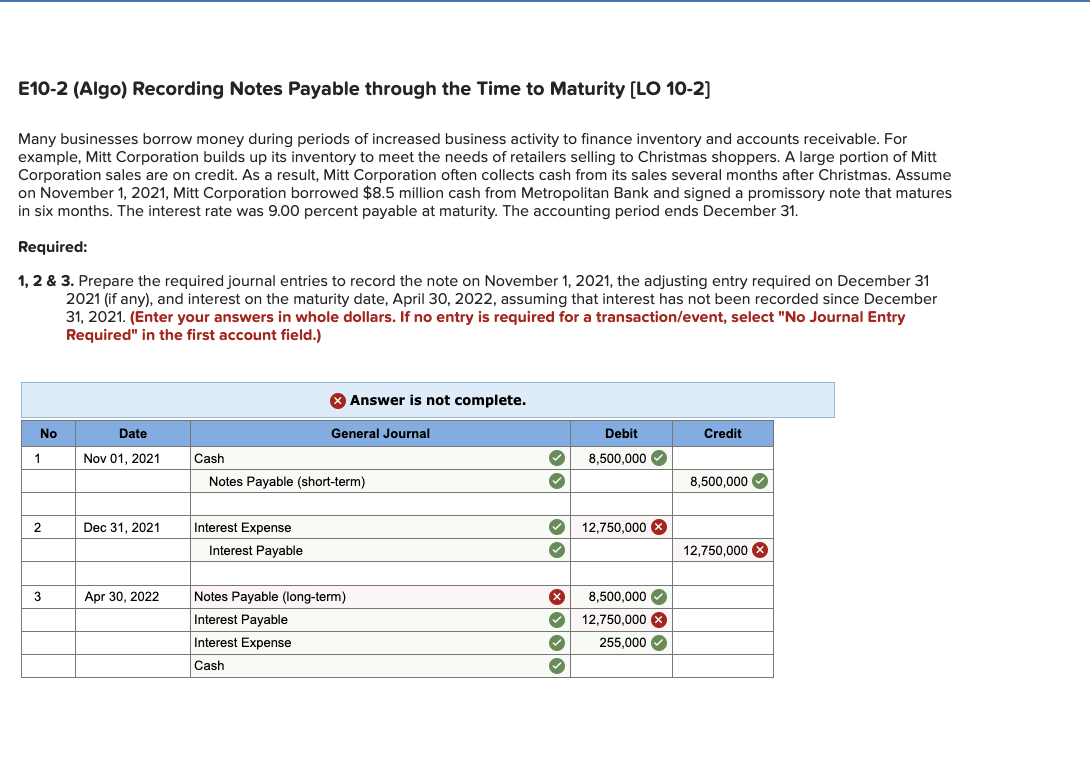  E10-2 (Algo) Recording Notes Payable through the Time to Maturity [LO