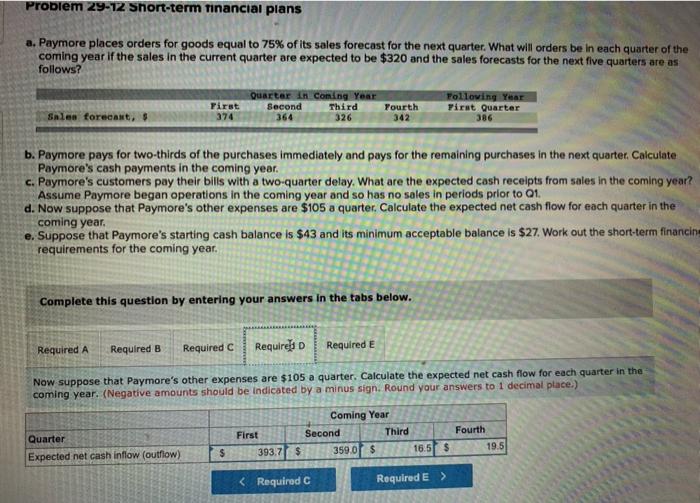 indicate completi Help Problem 29-12 Short-term financial plans a. Paymore places orders