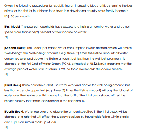 Given the following procedures for establishing an increasing block tariff, determine