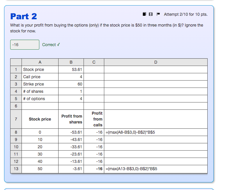 share of stock for $53.61 and 4 call options on the same