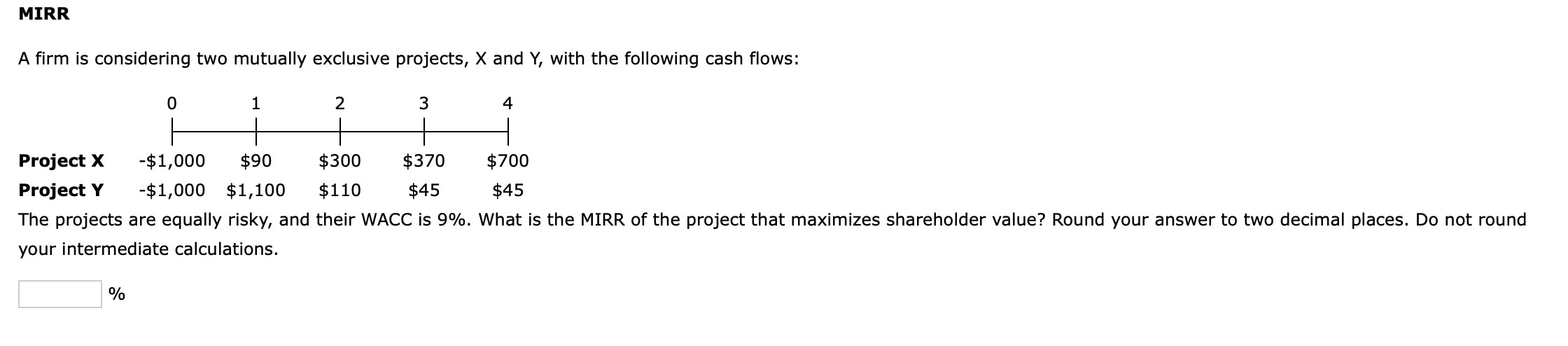 MIRR A firm is considering two mutually exclusive projects, X and
