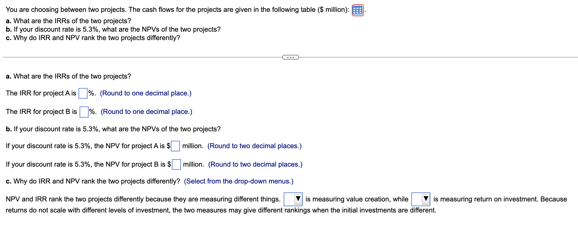  You are choosing between two projects. The cash flows for the