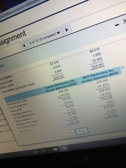 Electronics, Inc. Balance Sheet($000) BGT Electronics, Inc. Balance Sheet (5000) $1,450 arson