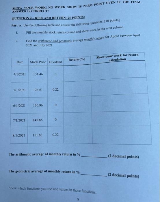  SHOW YOUR WORK! NO WORK SHOW IS ZERO POINT EVEN IF