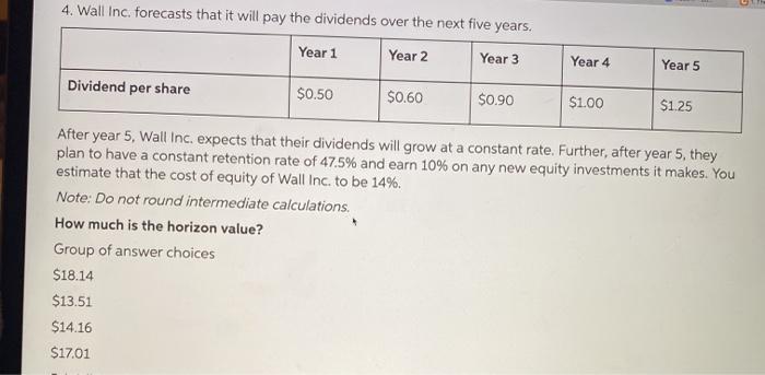  4. Wall Inc. forecasts that it will pay the dividends over