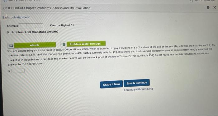  search the course Ch 09: End-of-Chapter Problems - Stocks and Their
