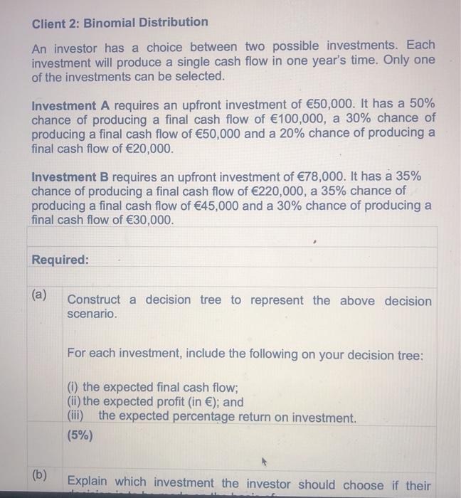  data anaylsis : bunomial distribution Client 2: Binomial Distribution An investor
