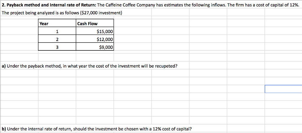 2. Payback method and Internal rate of Return: The Caffeine Coffee Company