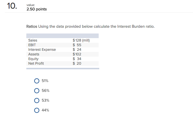 Tax Burden ratio. Sales EBIT Interest Expense Assets Equity Net Profit $132