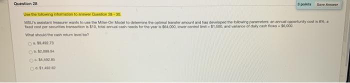  Question 20 3 points Save Answer Use the following information to