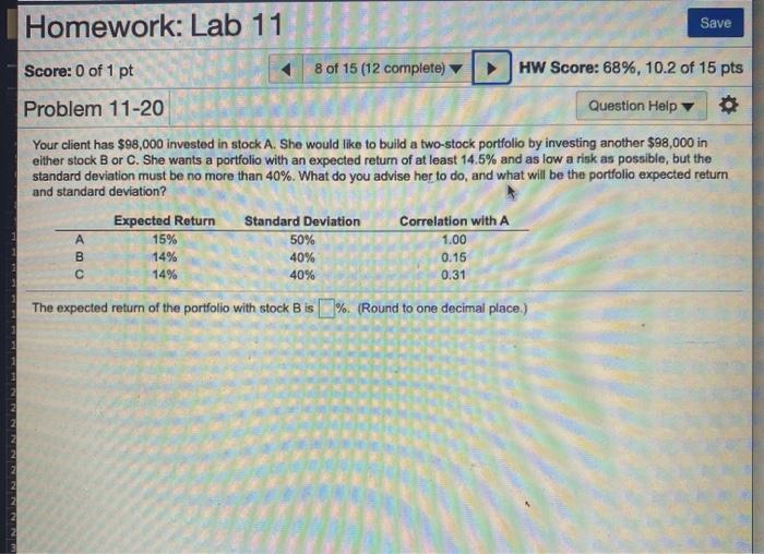 FIN300 can someone help me! Homework: Lab 11 Save Score: 0 of