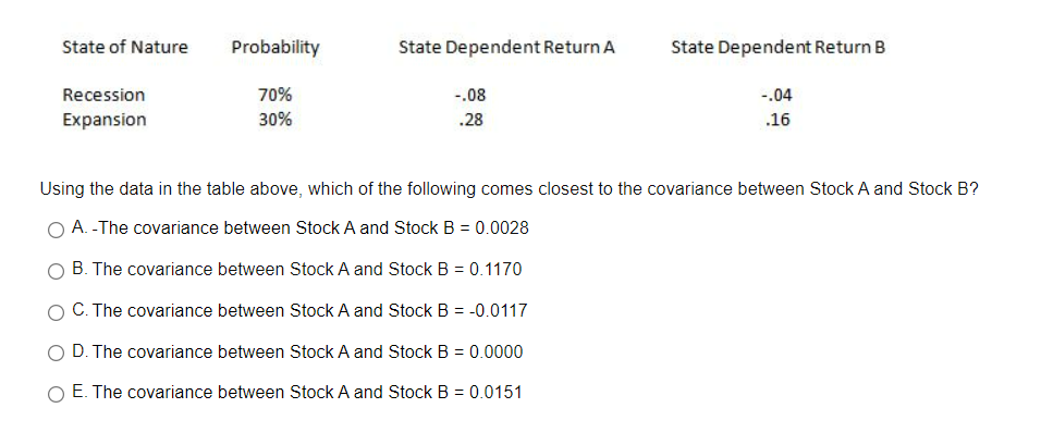  State of Nature Probability State Dependent Return A State Dependent Return