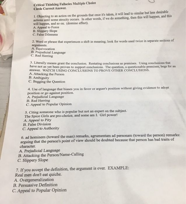 show all work Critical Thinking Fallacies Multiple Choice Circle Correct Answer 1.