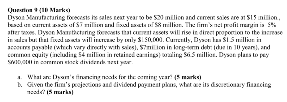  Question 9 (10 Marks) Dyson Manufacturing forecasts its sales next year