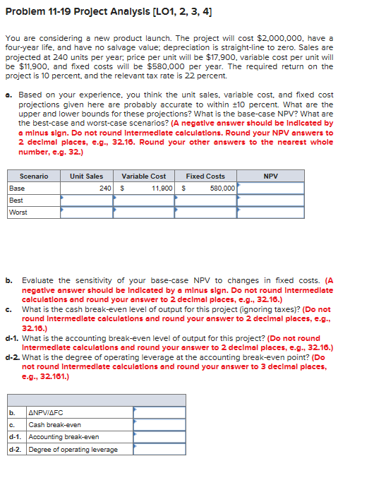  Problem 11-19 Project Analysis [LO1, 2, 3, 4] You are considering