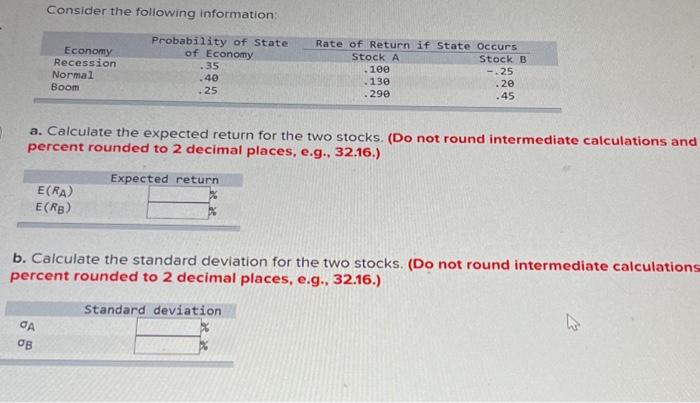  Consider the following information: a. Calculate the expected return for the