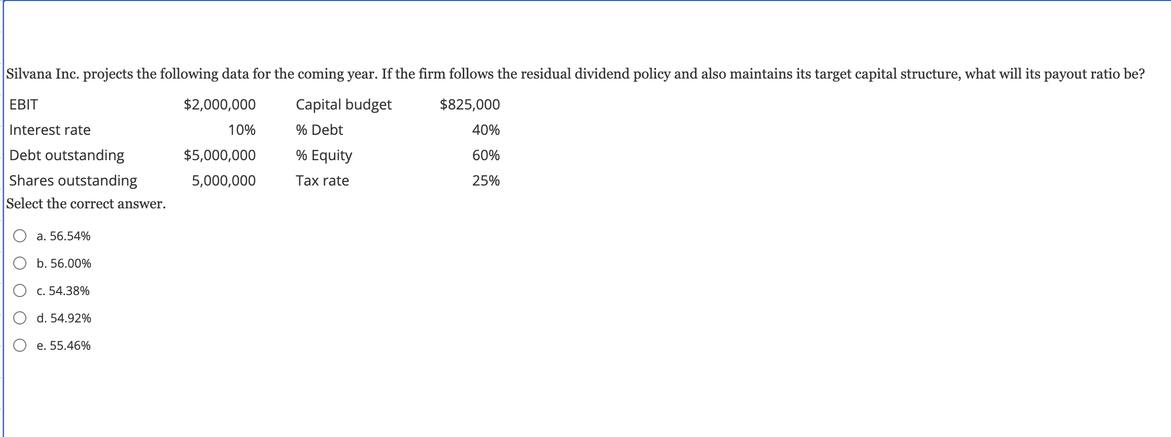 a. 56.54% b. 56.00% c. 54.38% d. 54.92% e. 55.46%