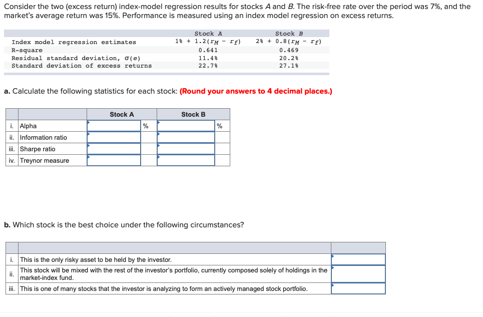 Consider the two (excess return) index-model regression results for stocks A and