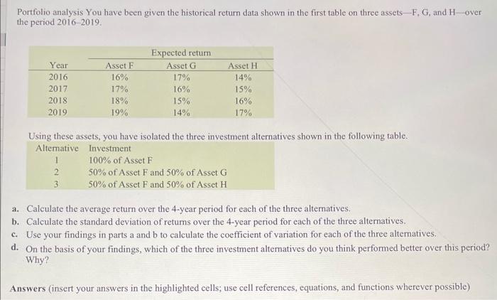 please include excel formulas Portfolio analysis You have been given the historical
