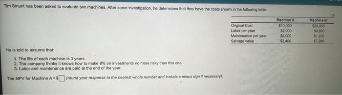  Tim Smunt has been asked to evaluate two machines. After some