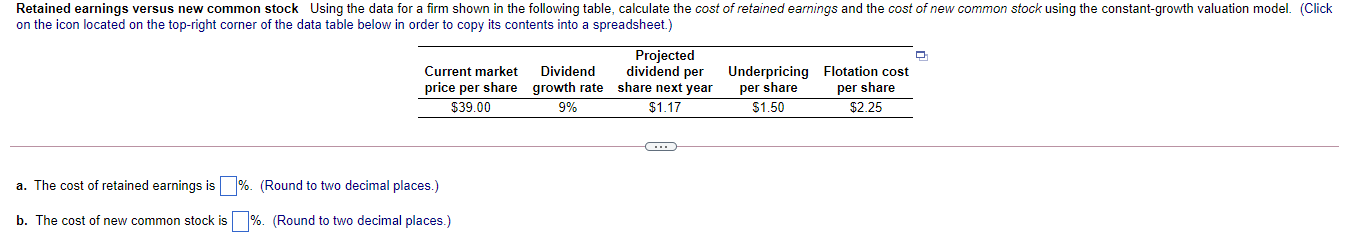  Retained earnings versus new common stock Using the data for a
