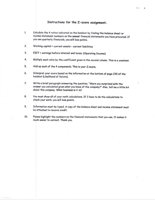  Instructions for the Z-score assignment. 1. 2. 3. 4. 5. Calculate