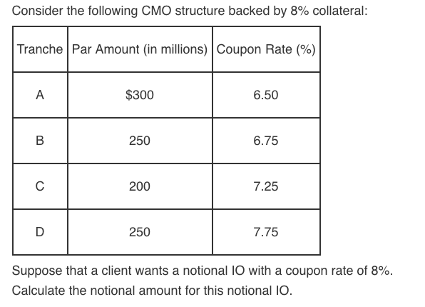  Consider the following CMO structure backed by 8% collateral Tranche Par