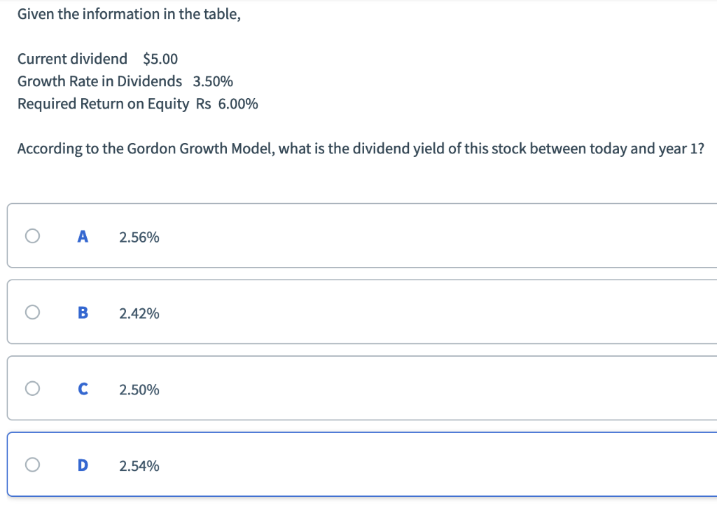  Given the information in the table, Current dividend $5.00 Growth Rate