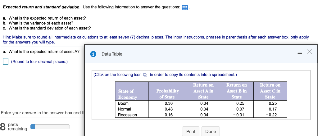  Expected return and standard deviation. Use the following information to answer