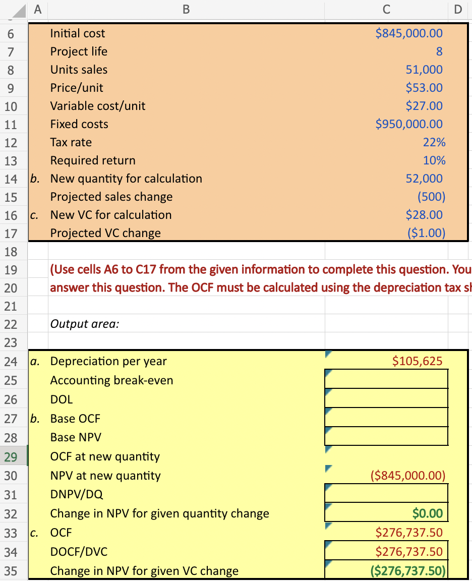  In excel terms please!! (Use cells A6 to C17 from the