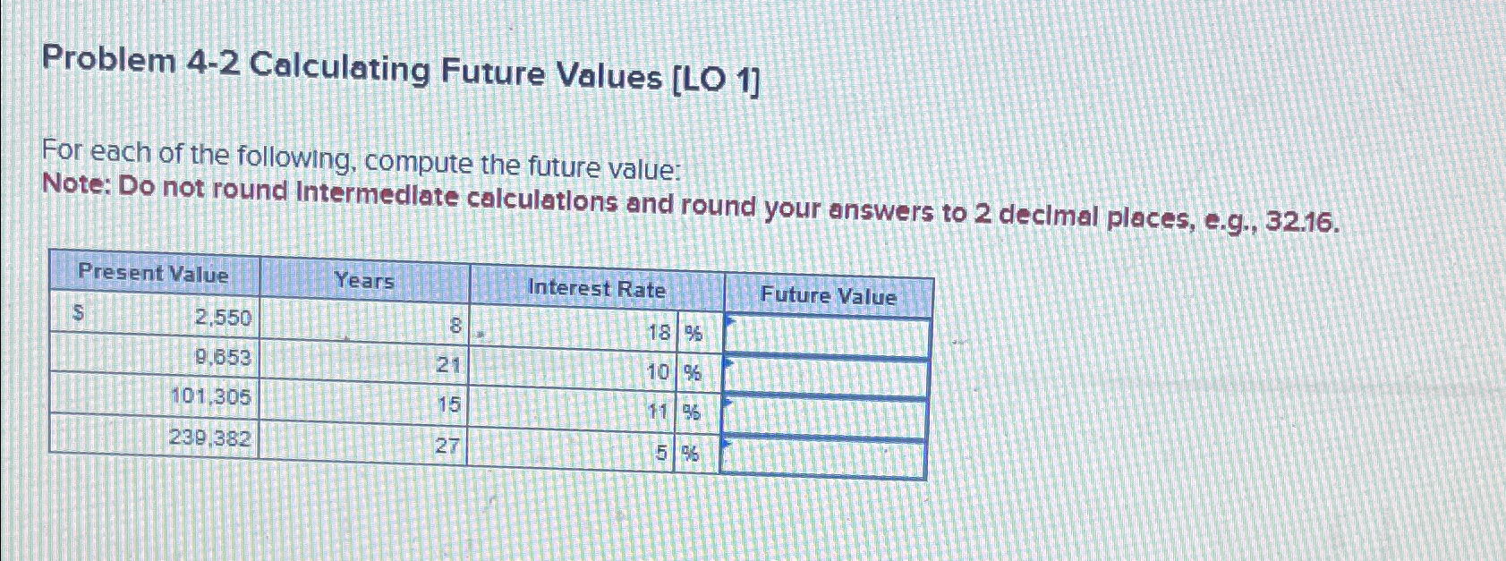 Problem 4-2 Calculating Future Values [LO 1] For each of the
