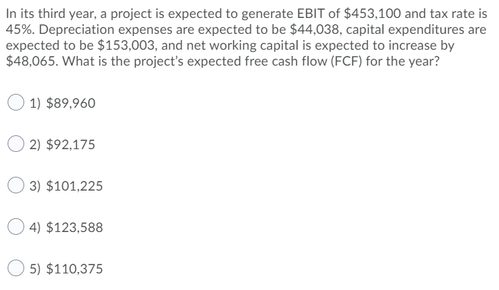 In its third year, a project is expected to generate EBIT