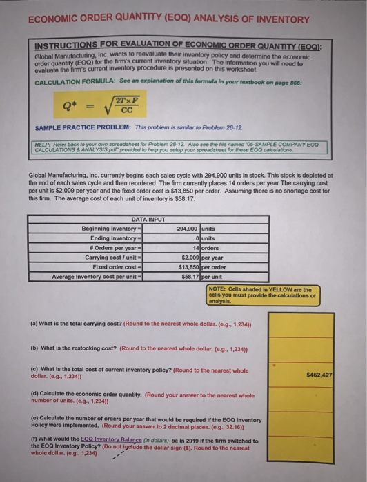  ECONOMIC ORDER QUANTITY (EOQ) ANALYSIS OF INVENTORY INSTRUCTIONS FOR EVALUATION OF