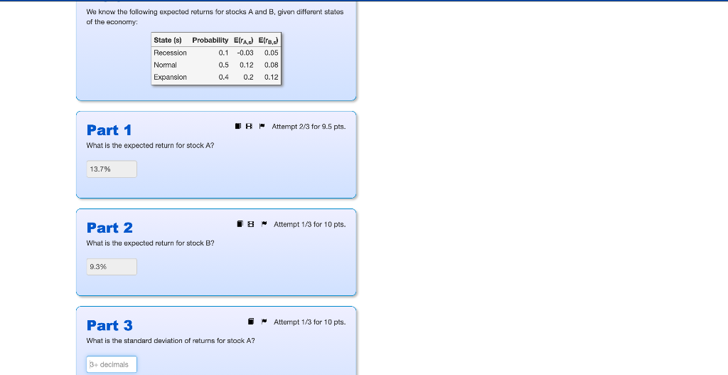  We know the following expected returns for stocks A and B,