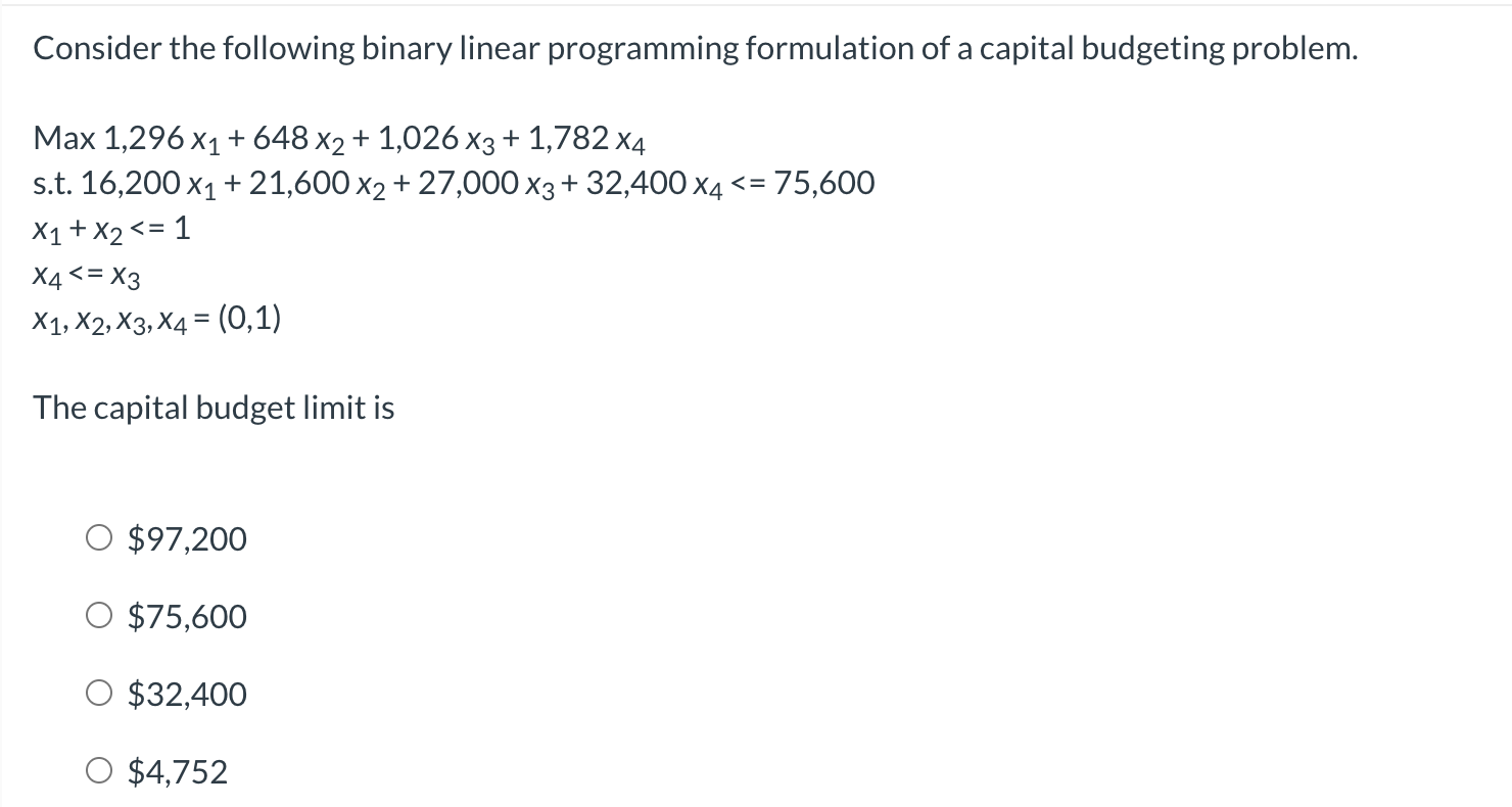Consider the following binary linear programming formulation of a capital budgeting