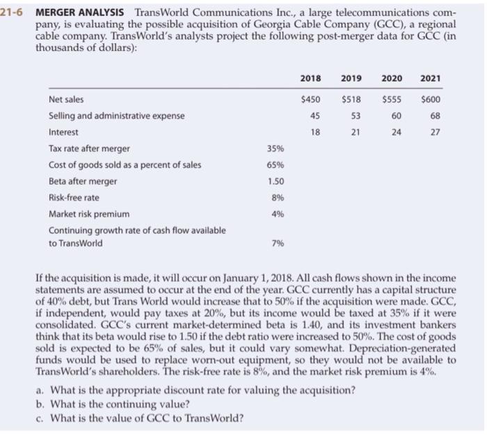  21-6 MERGER ANALYSIS TransWorld Communications Inc., a large telecommunications com- pany,