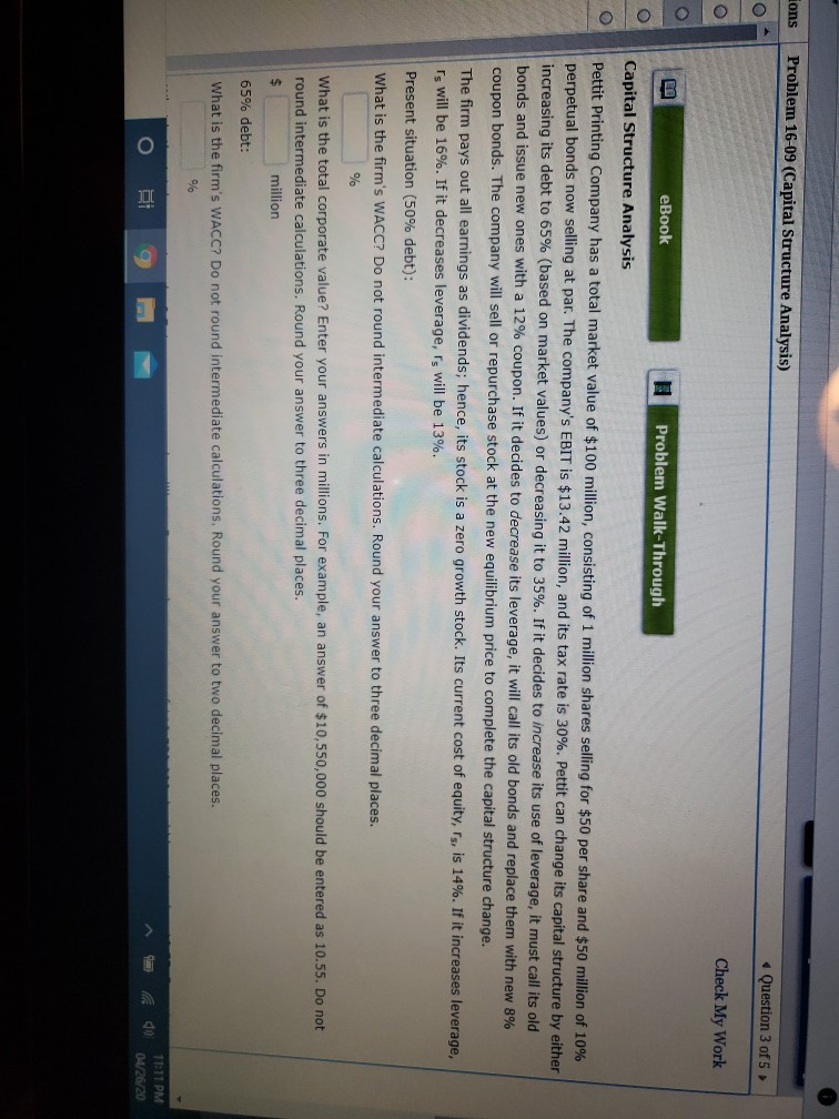 ions Problem 16-09 (Capital Structure Analysis) Question 3 of 5 Toolo